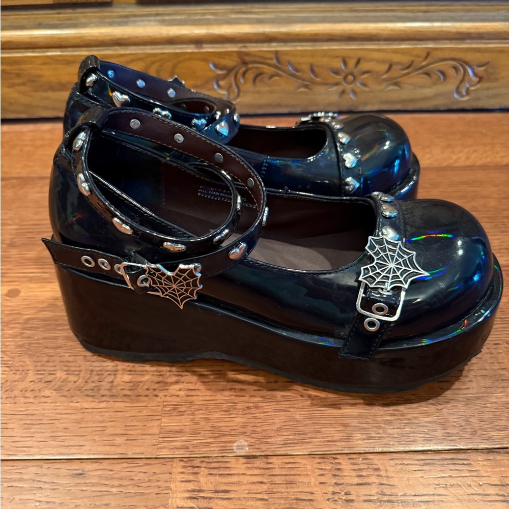 Black Platform Mary Janes Shoes with Spider Web Detail - Picture 5 of 10